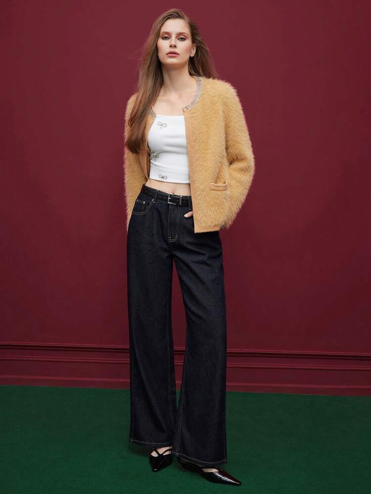 SHEIN Maija 여성 패션 캐주얼 플러피 니트 가디건 포켓 포함, 여성용 긴팔 가을 겨울 의류