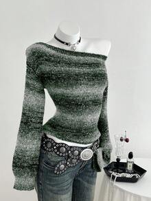 Elamini Áo len dài tay hở vai ombre thời trang cho nữ, thích hợp cho kỳ nghỉ - Màu xanh lá cây đậm - Xem 5