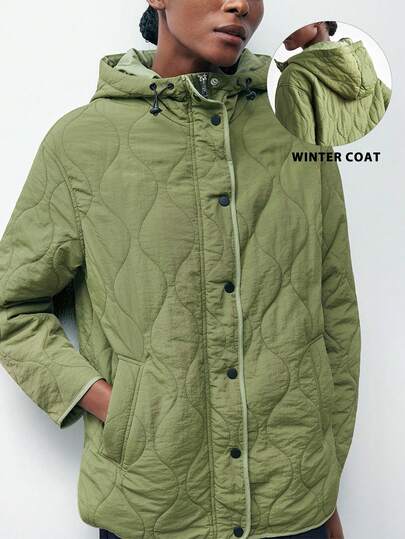 Maija Abrigo acolchado con capucha de manga larga con patrón geométrico acolchado en color verde para mujer, para otoño/invierno, con bolsillos y hombros caídos