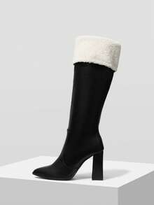 MOTF 高品质黑色筒高筒靴，尖头粗跟优雅女靴，时尚百搭新款，展现女性魅力与优雅气质。 - 黑色 - 查看 2