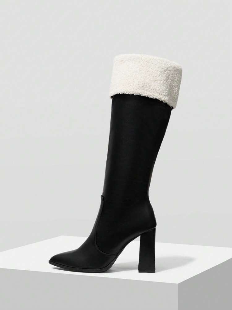 HIGH-QUALITY BLACK SHAFT TALL BOOTS, POINTED TOE CHUNKY HEEL ELEGANT WOMEN'S BOOTS, FASHIONABLE VERSATILE NEW STYLE BOOTS, SHOWCASING FEMININE CHARM AND ELEGANT