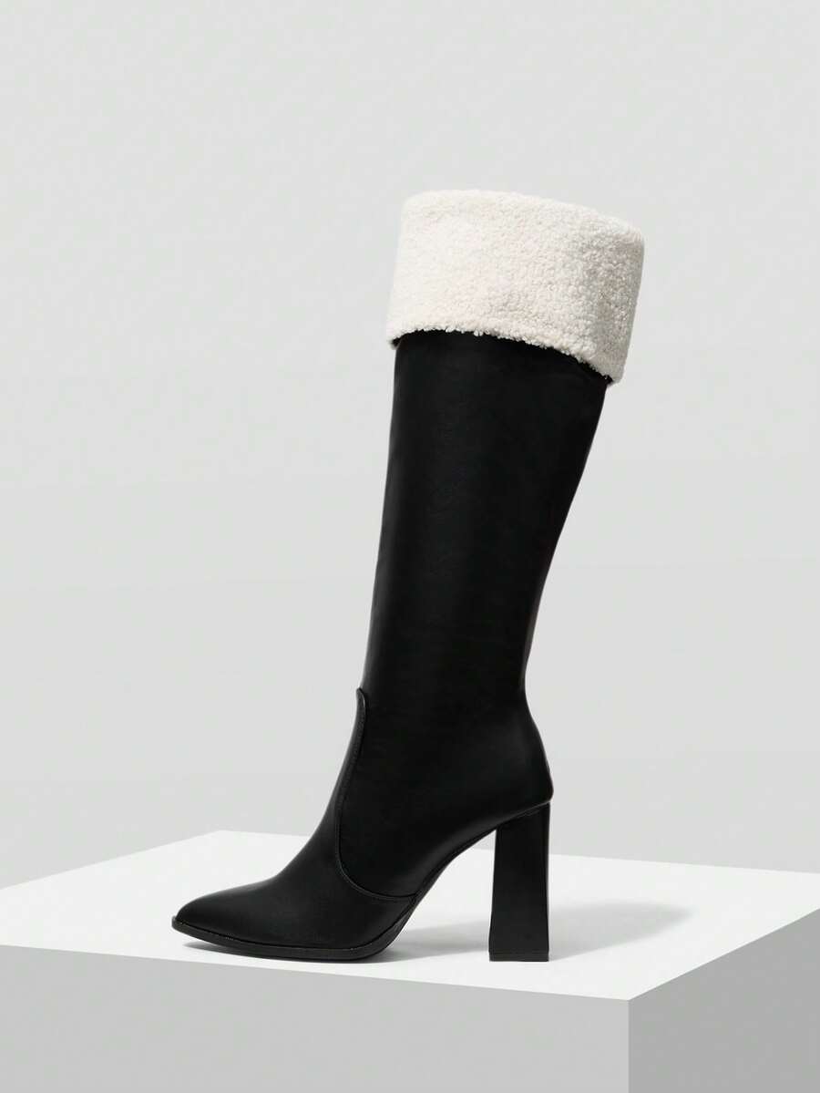 MOTF 高品质黑色筒高筒靴，尖头粗跟优雅女靴，时尚百搭新款，展现女性魅力与优雅气质。 - 黑色 - 查看 2