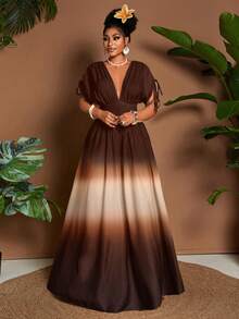 Eryvara Đầm maxi chữ A thắt nơ cổ chữ V họa tiết ombre lãng mạn thanh lịch dành cho nữ, thiết kế đa năng cho các buổi đi chơi, bãi biển, lễ hội âm nhạc, trang phục dự tiệc cưới tốt nghiệp cho khách mời, phong cách công sở thường ngày Boho, thắt nơ eo đàn hồi, du lịch nghỉ dưỡng, váy maxi chữ A mùa xuân/hè/thu - Cà phê - Xem 5