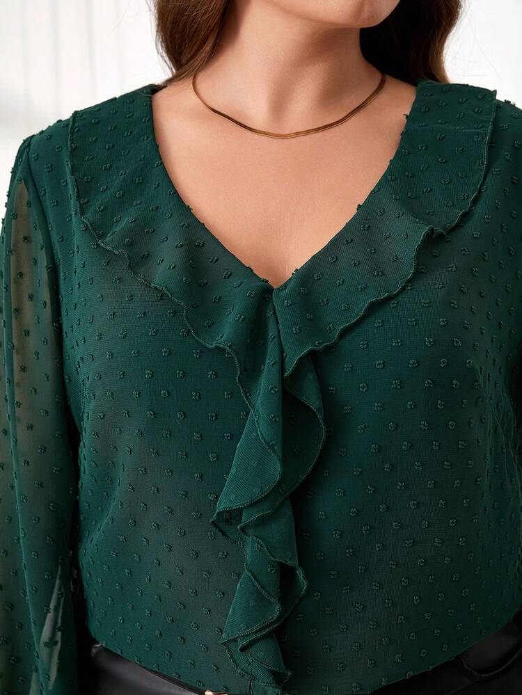Plus Size Women Casual V-Neck Ruffle Hem Blouse, Party For Women , Green Blouses, Tops For Women Elegant, Autumn/Winter,2025 New