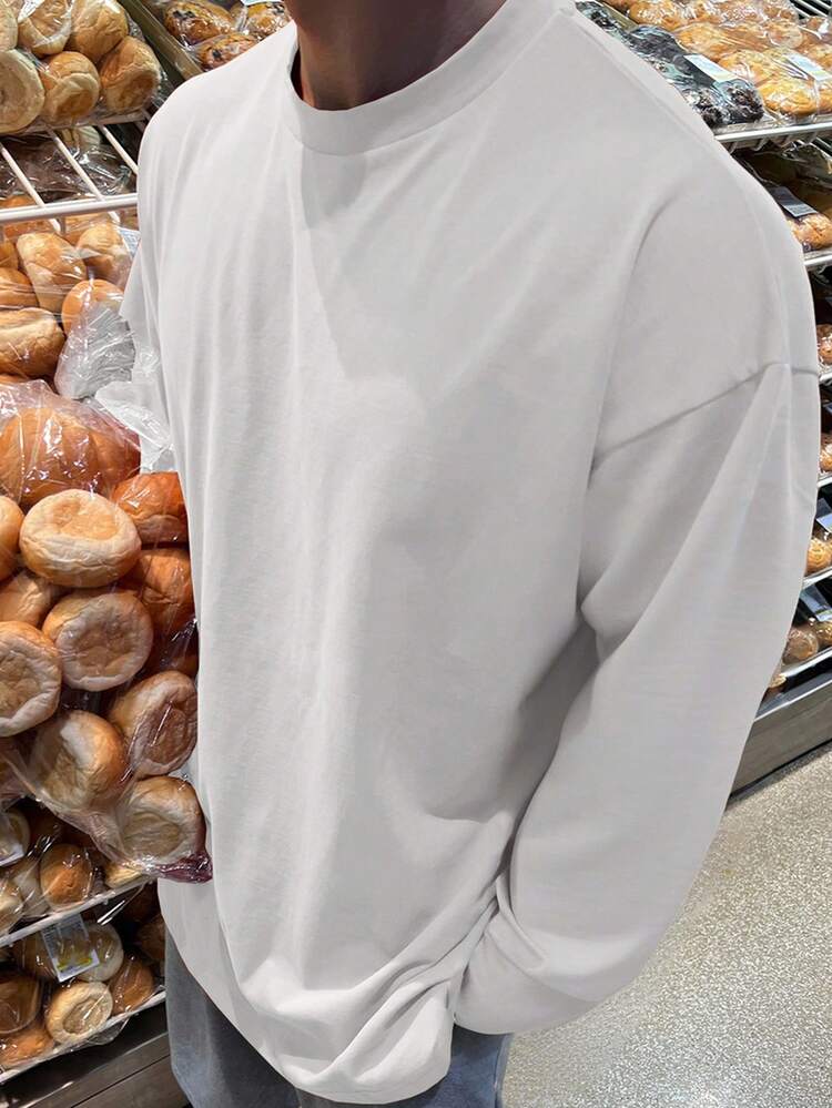 Men's Casual Basic Solid Color Drop Shoulder Long Sleeve T-Shirt