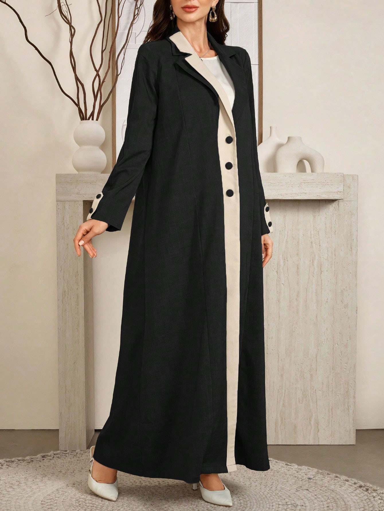 Al Najma عبايات معطف طويل أنيق للنساء بلون متباين...