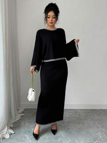 SHEIN Elenzya Damen Locker Lässig Fledermausärmel Top und Farbblock Rock 2 Stücke Strickset, Herbst/Winter - Schwarz - Übersicht 1