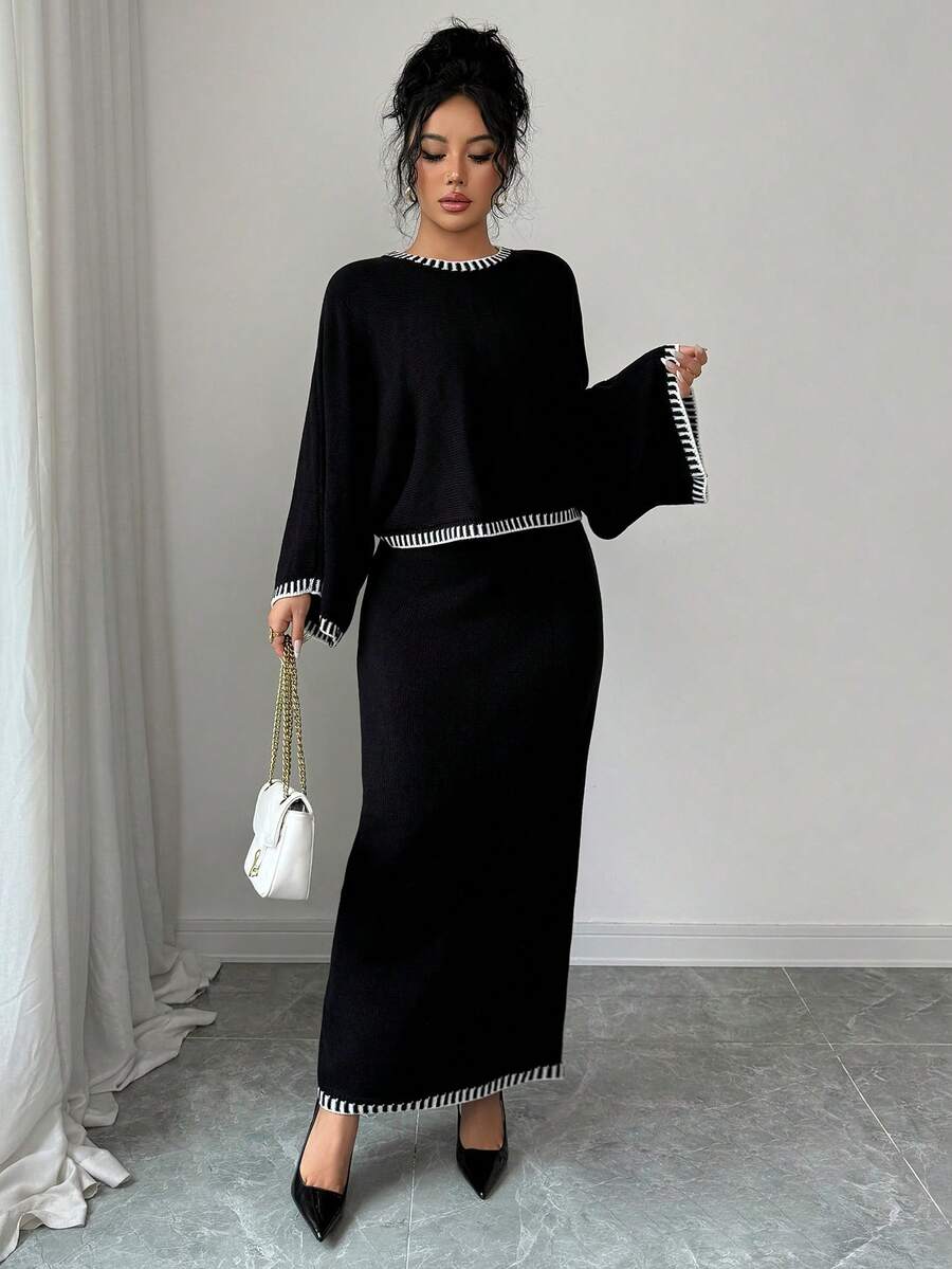 SHEIN Elenzya Damen Locker Lässig Fledermausärmel Top und Farbblock Rock 2 Stücke Strickset, Herbst/Winter - Schwarz - Übersicht 1