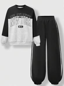 SHEIN Explorewe 2 piezas Conjunto de ropa deportiva casual de niños con cuello redondo, manga larga, estampado de letras posicionadas, para primavera, otoño e invierno, ropa versátil para el día a día, mezcla de negro y gris + Pantalones de peto negros tejidos, un conjunto completo, adecuado para deportes, vacaciones, otoño e invierno - Negro - Ver 7