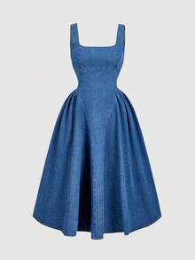 SHEIN MOD Plus Size Women's Square Neck Ruffle Denim Sleeveless Dress