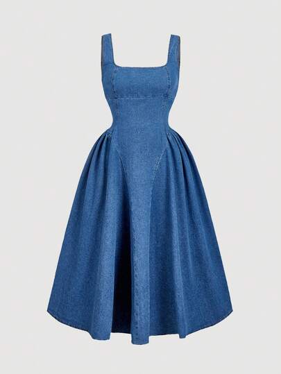SHEIN MOD Plus Size Women's Square Neck Ruffle Denim Sleeveless Dress