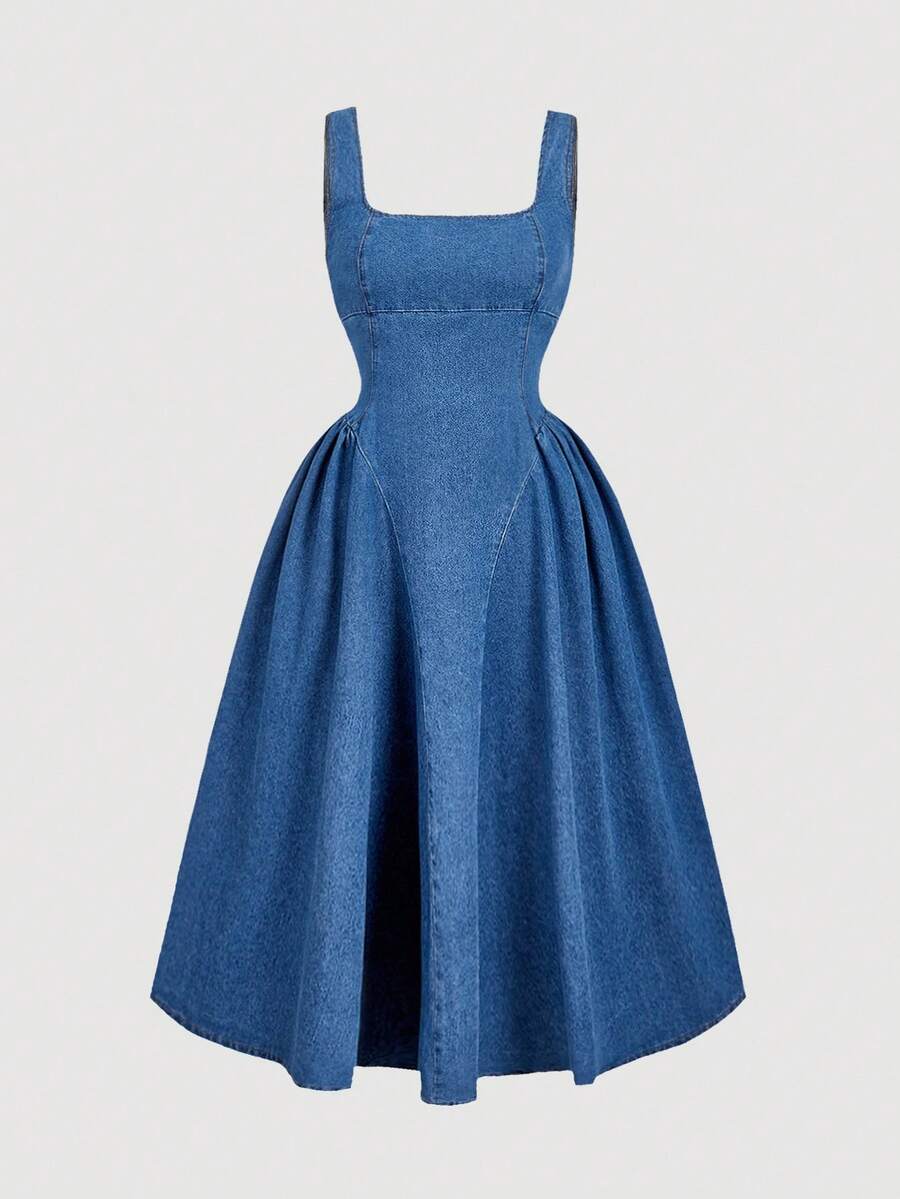 SHEIN MOD Plus Size Women's Square Neck Ruffle Denim Sleeveless Dress