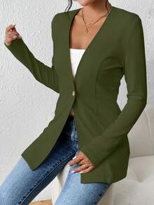 EMERY ROSE Women's Casual Textured Unlined Collarless Lightweight Long Sleeve Blazer - Army Green - View 3