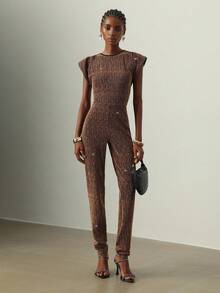 Vesra Mono ajustado sin mangas de unicolor con lentejuelas en la cintura y hombros para mujer, nuevo y de moda para otoño/invierno