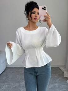 Rafferiza 女士秋冬时尚束腰衬衫，纯色休闲衬衫 - 米色 - 查看 4