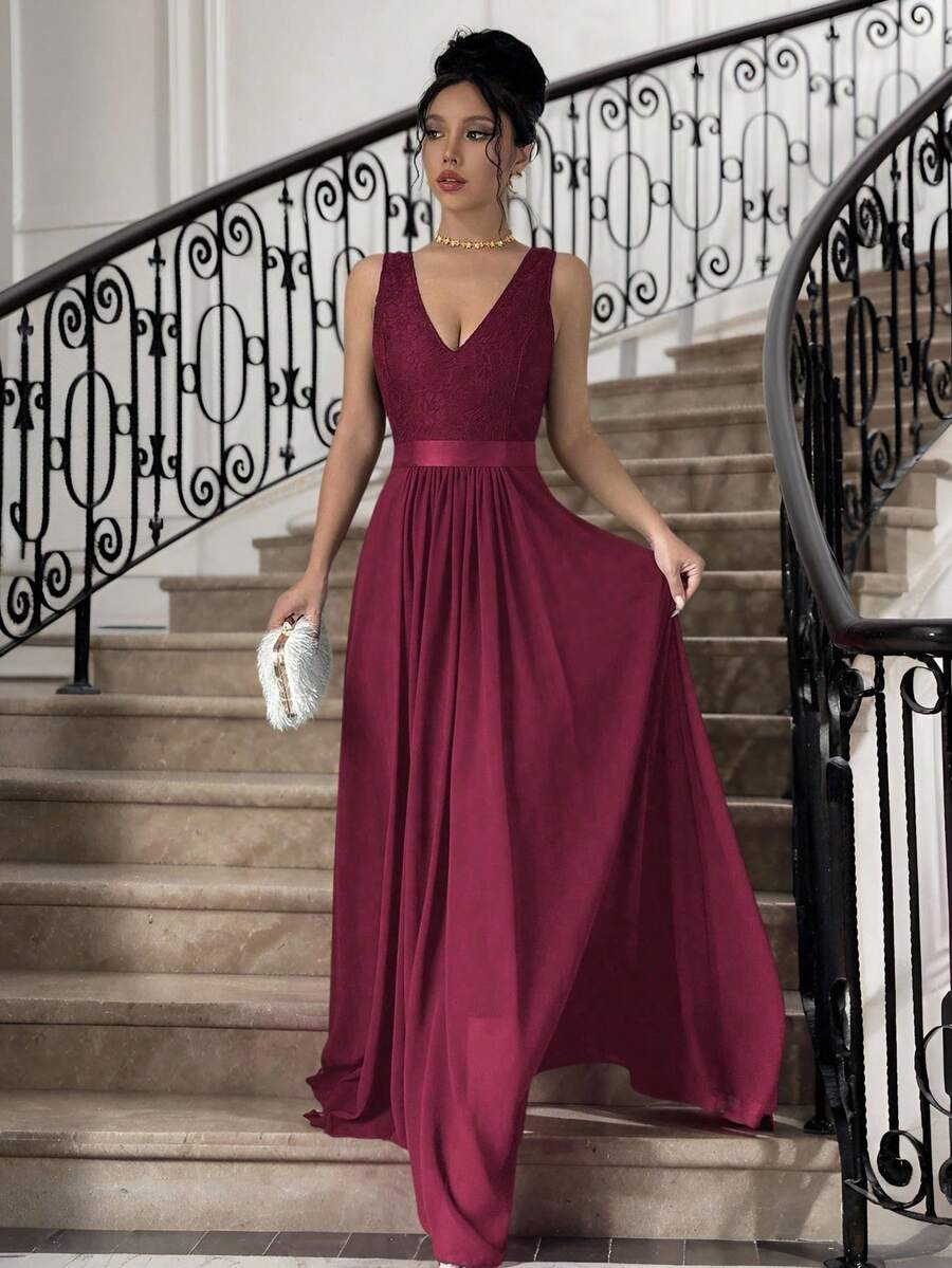 Selianne Đầm Maxi xếp ly cổ chữ V thanh lịch màu đỏ tía dành cho nữ - Màu Đỏ Sâu - Xem 1