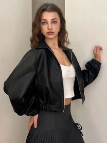 DAZY 1件女士纯色前拉链长袖口袋简约PU皮夹克，秋季女装皮夹克