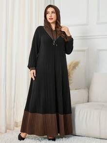 Al Najma Đầm dài tay có mũ trùm đầu màu khối 2 trong 1 có khóa kéo trang trí bằng vải nhung sang trọng, thường ngày đa năng, cao cấp, tinh tế, cỡ lớn, thích hợp mặc ở nhà, mùa thu/đông - màu đen - Xem 3