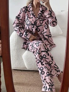 SHEIN 蝴蝶结星星印花翻领长袖上衣和裤子睡衣套装 秋冬服装 - 藕粉色 - 查看 4