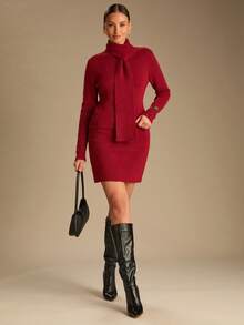 Enchnt Women's Wine Red Stand Collar Long Sleeve Knitted Mini Dress With Scarf,Elegant Chic Autumn Fall Clothes For Party,Brunch,Holiday&Office - Burgundy - View 4