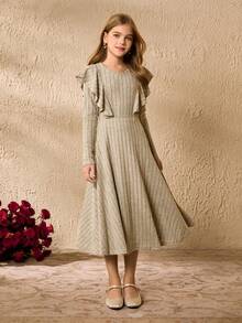 Tween Girl' Round Neck Long Sleeve Ruffle Waist Elegant Halloween Christmas Dress - Grey - View 3