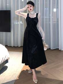 DAZY Fashionable Velvet Jacquard Bow Decor Mid-Length Dress For Women Elegant Women Dresses Prom Dress - Black - View 3