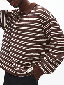 SUMWON 常规版型长袖纹理横条纹针织 Polo 衫尖领休闲日常百搭男装 - 咖啡棕 - 查看 5