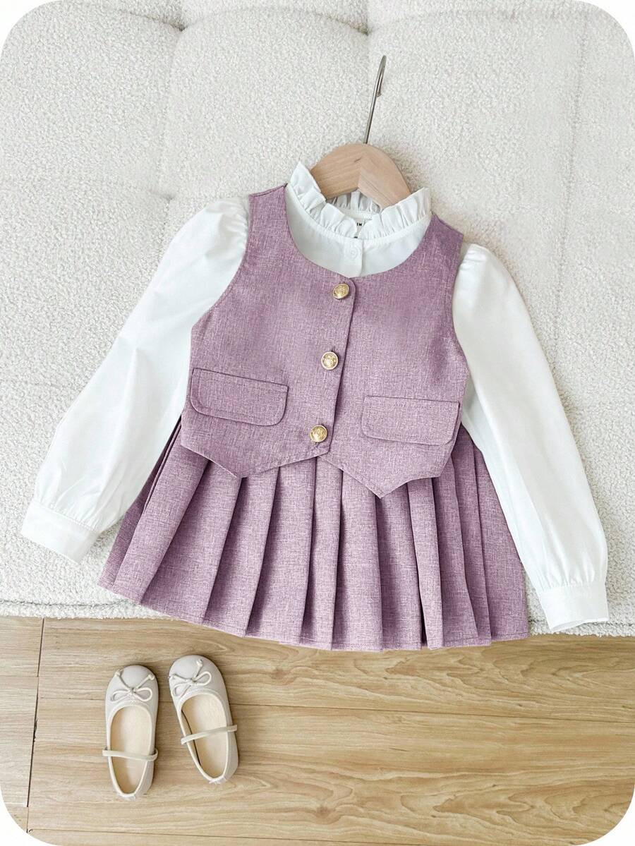 SHEIN 年轻女孩优雅金色纽扣背心、荷叶边领衬衫和百搭百褶裙,适合秋冬季、派对和日常穿着 - 藕粉色 - 查看 1