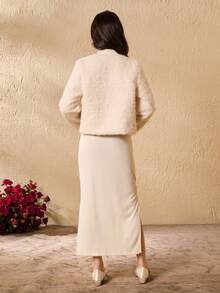 Elegant Minimalist Elegant Round Neck Long Sleeve Short Plush Woolen Coat With Turtleneck Long Sleeve Fitted Waist Dress Set, Teenage Girls Winter Fashion Outfit