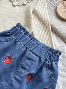 Vintaside Kids 女宝宝米色T恤和高腰牛仔裙两件套秋冬 - 彩色 - 查看 5