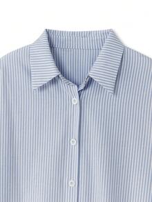 Shutterstock Y2Kool Women's Blue And White Striped Collared Oversized Grunge-Style Y2K Text And Flame Hand-Painted Print Casual Shirt Graphic Print Shirt Graffiti Print Shirt Long Sleeve Shirt Stylish Collection New Year Gyaru Cotton - Baby Blue - View 4