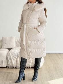 SHEIN Autumn And Winter Maternity Casual Hooded Jacket With Fur Collar, Winter Going Out Tops