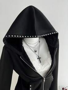 Elamini Women's Casual Versatile Commuter Gothic Style Rivet Decor Zipper Front Hooded Fleece Jacket, Autumn/Winter - Black - View 1
