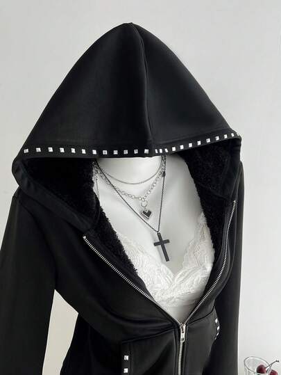 Elamini Women's Casual Versatile Commuter Gothic Style Rivet Decor Zipper Front Hooded Fleece Jacket, Autumn/Winter