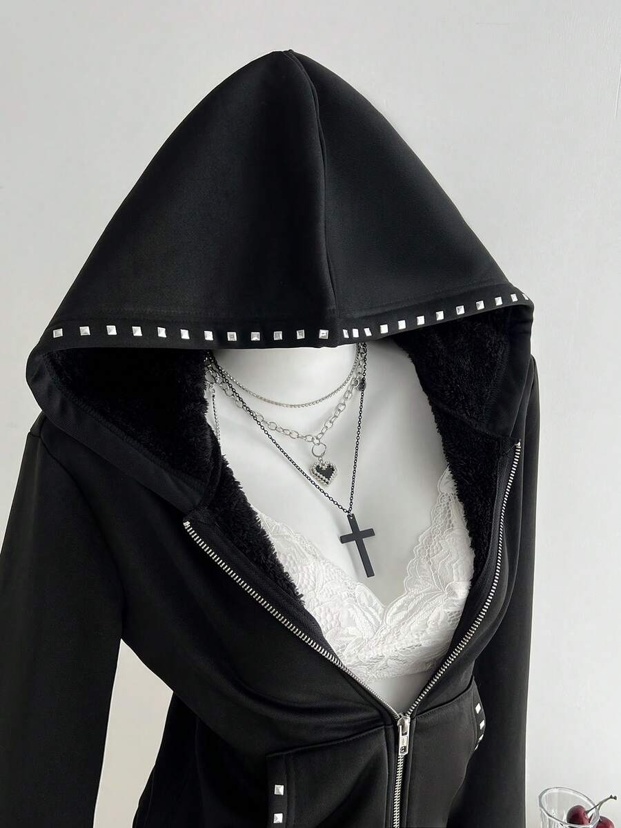 Elamini Women's Casual Versatile Commuter Gothic Style Rivet Decor Zipper Front Hooded Fleece Jacket, Autumn/Winter - Black - View 1