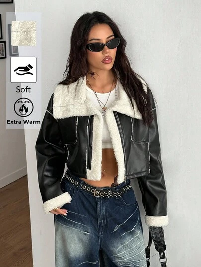 Coolane 女士冬季音乐会狂欢节外出复古街头风黑色翻领加热夹克