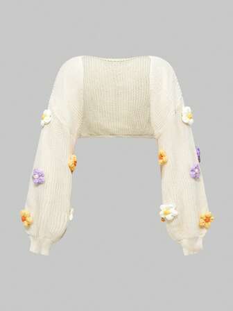 Kawaii Plus Size Women Casual Layered Cute Crochet 3D Floral Decor Lantern Sleeve Cardigan Shrug, Versatile & Lightweight For Summer