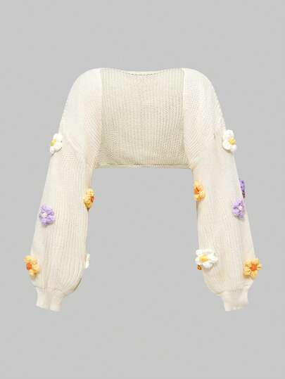 Kawaii Cardigan oversize femme décontracté à manches lanternes avec décoration florale 3D au crochet. Polyvalent et léger pour l'été