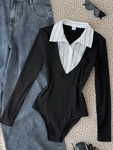 SHEIN 少女黑色针织条纹拼布高领长袖紧身衣