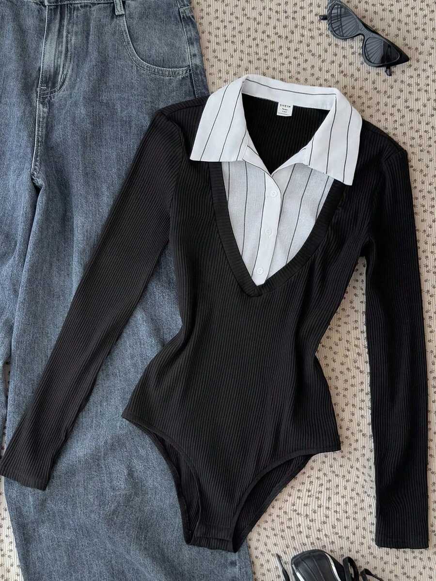 SHEIN 少女黑色针织条纹拼布高领长袖紧身衣