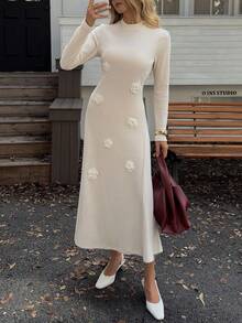 Elyressa Casual 3D Floral Decor Knitted Velvet Elegant French Style Dress For Women - Apricot - View 5