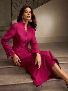 ZEYLAH Set de 2 piezas: Chaqueta tipo blazer con cintura ceñida en forma de X y falda ajustado, para otoño/invierno - Rosa Fucsia - Ver 7