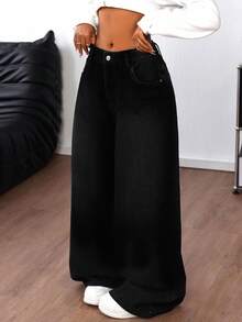 SHEIN ICON Jeans anchos y sueltos de mujer con bolsillo de cruz de rhinestone - Negro - Ver 4