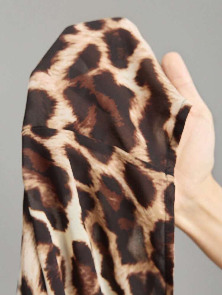 2025 Women's Leopard Print Long Sleeve Blouse,Elegant Beige Autumn Small Stand Collar Pleated Top,Loose Office Wear Business Casual Woven Shirt