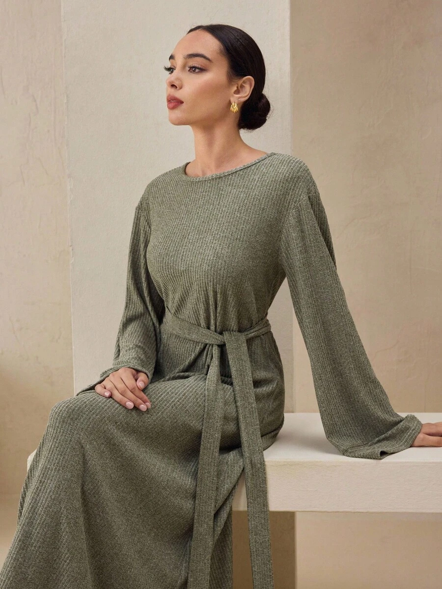 Graceveil Women's Green Autumn Soft Ribbed Knit Fabric Round Neck Flare Sleeve Button Tie Design Long Dress - Army Green - View 1