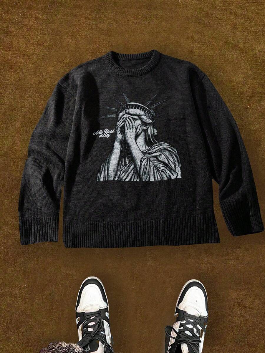 Manfinity EMRG Autumn/Winter New Blogger Stylish Design Print Men Pullover Sweater It Is Great For Couples And Makes An Excellent Gift Idea For Boyfriends Or Husbands Or Friends - Black - View 1