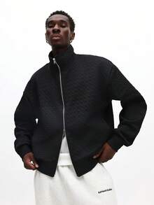 SUMWON 千鸟格纹理宽松拉链连帽衫，带抽绳，休闲街头风外套，秋冬纯色款 - 黑色 - 查看 1