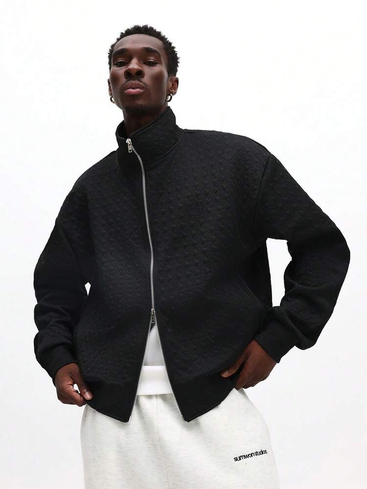 Houndstooth Textured Boxy Zip Hoodie