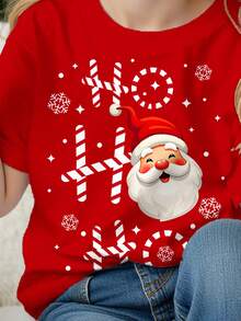 SHEIN Happikins Christmas Celebration, Santa Claus "HO HO HO" Cartoon Face Print Casual Crew Neck Short Sleeve T-Shirt For Young Girls, Suitable For Daily Wear, Christmas, New Year, Street Style, Home, Holiday, School Performance - Multicolor - View 6