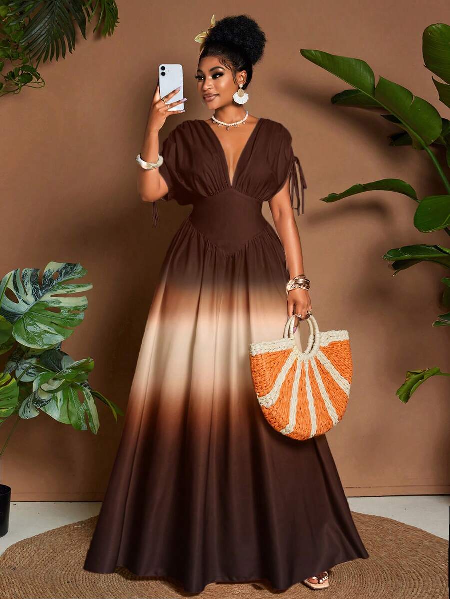 Eryvara Đầm maxi chữ A thắt nơ cổ chữ V họa tiết ombre lãng mạn thanh lịch dành cho nữ, thiết kế đa năng cho các buổi đi chơi, bãi biển, lễ hội âm nhạc, trang phục dự tiệc cưới tốt nghiệp cho khách mời, phong cách công sở thường ngày Boho, thắt nơ eo đàn hồi, du lịch nghỉ dưỡng, váy maxi chữ A mùa xuân/hè/thu - Cà phê - Xem 1